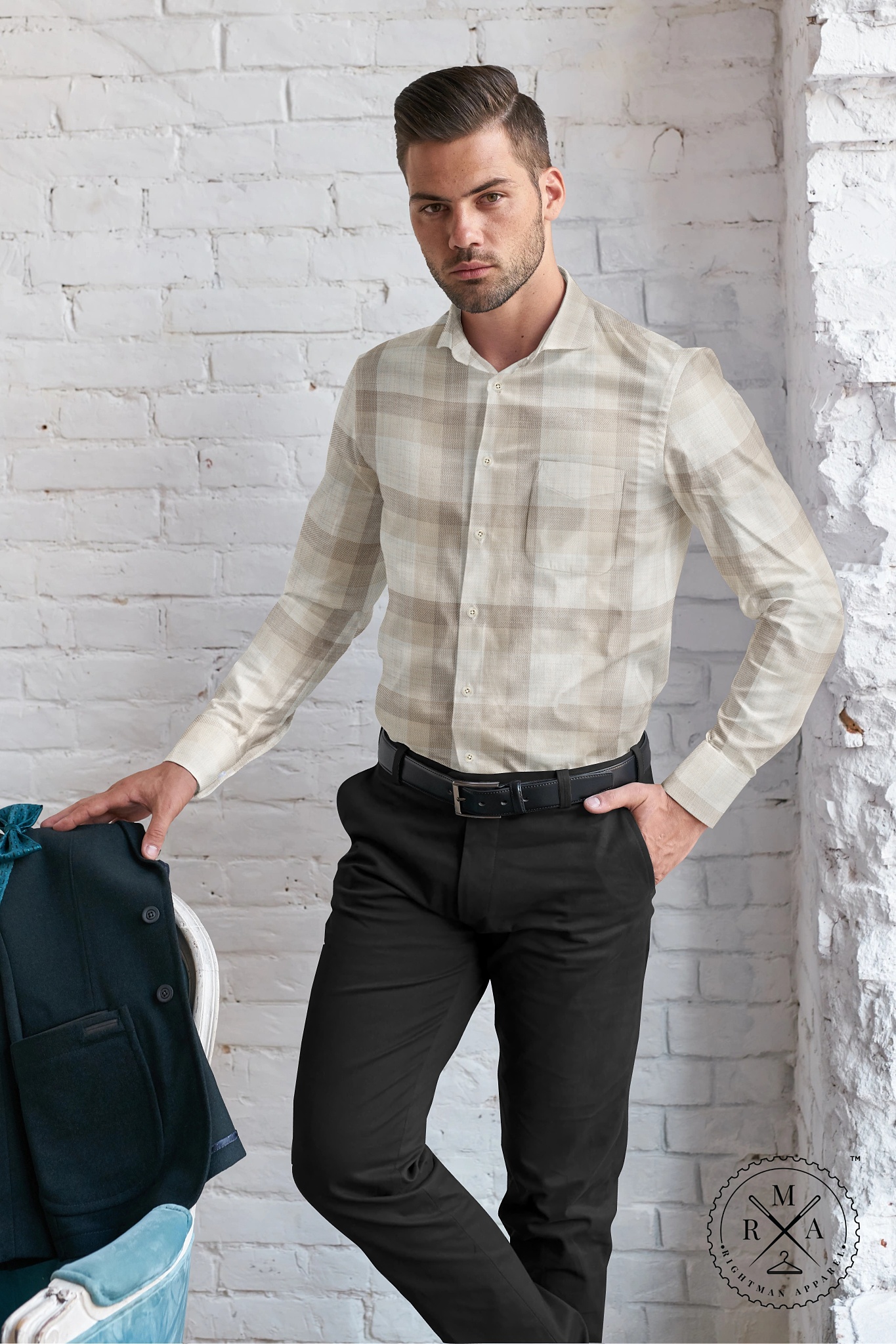 Off White Shirt with Pale Brown Checks SH183